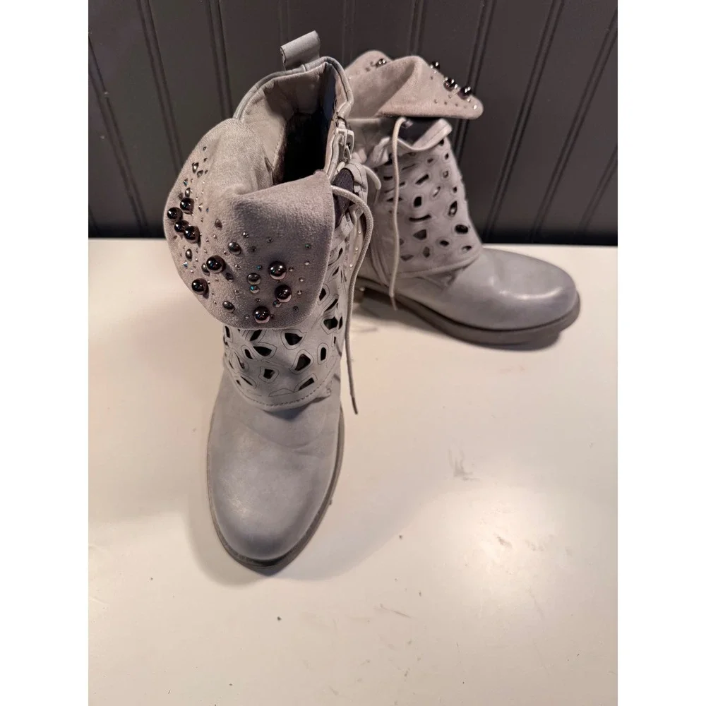 Lala Iaki Grey Studded Laser Cut Ankle Boots EU 40 Snakeskin Strap Buckle Zip